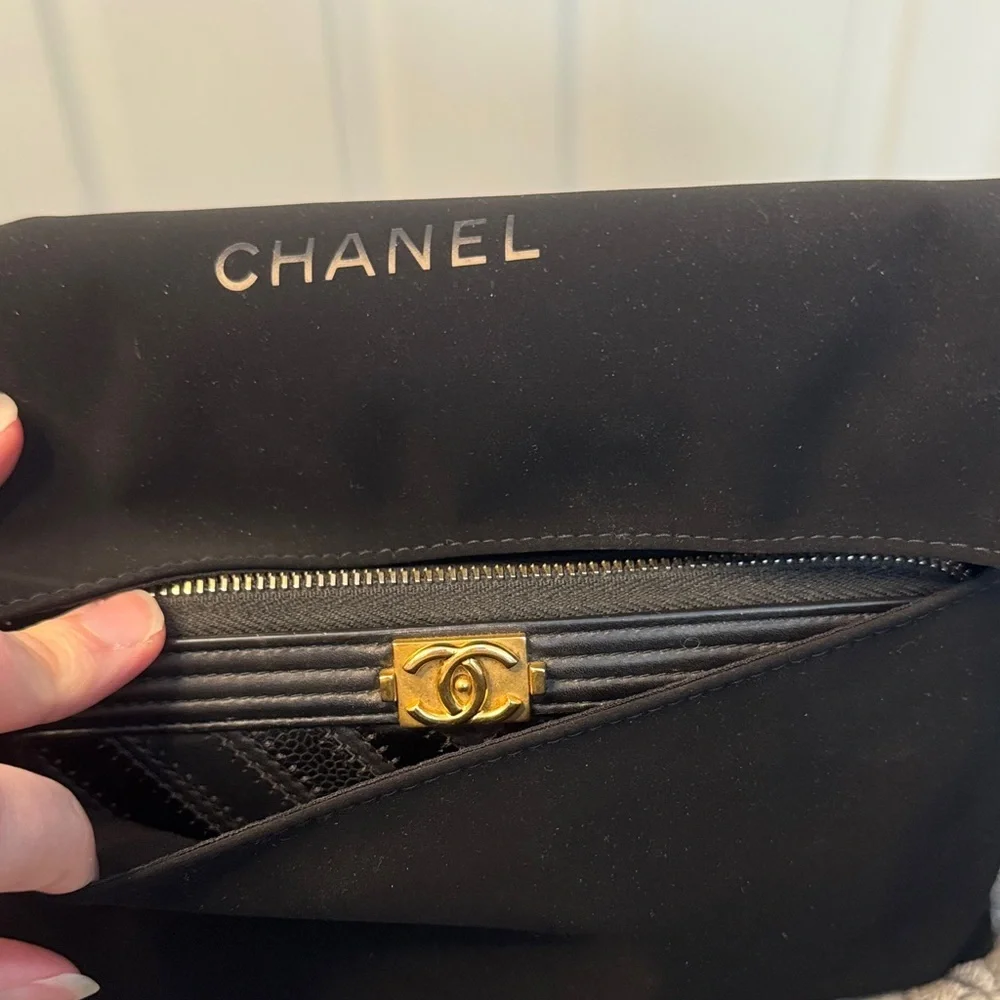 CHANEL Chevron Black Leather Wallet with Gold Accent